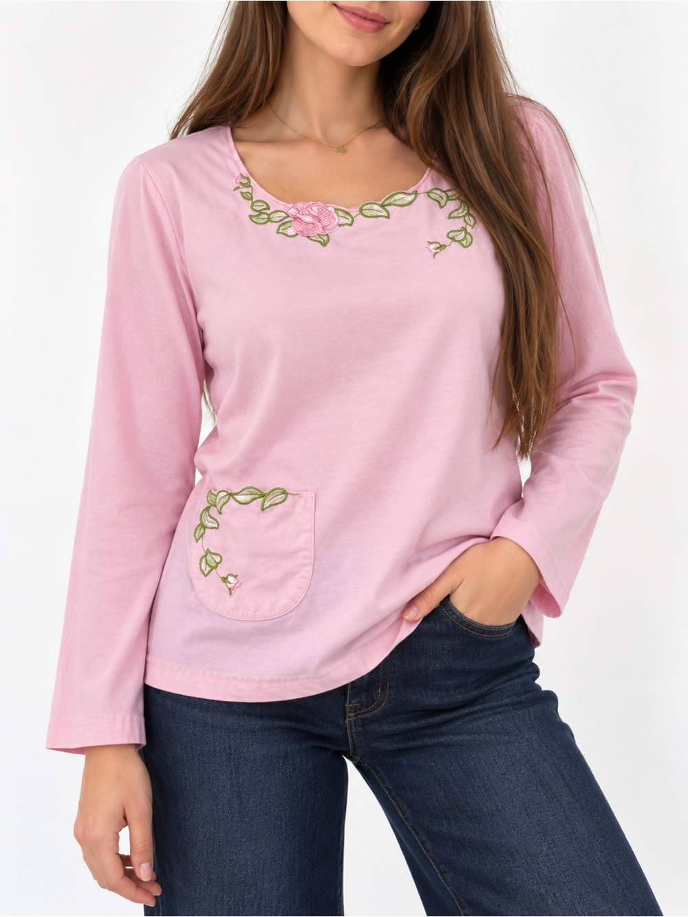 Pastel Pink Rose Embroidered Long Sleeve Pocket Top